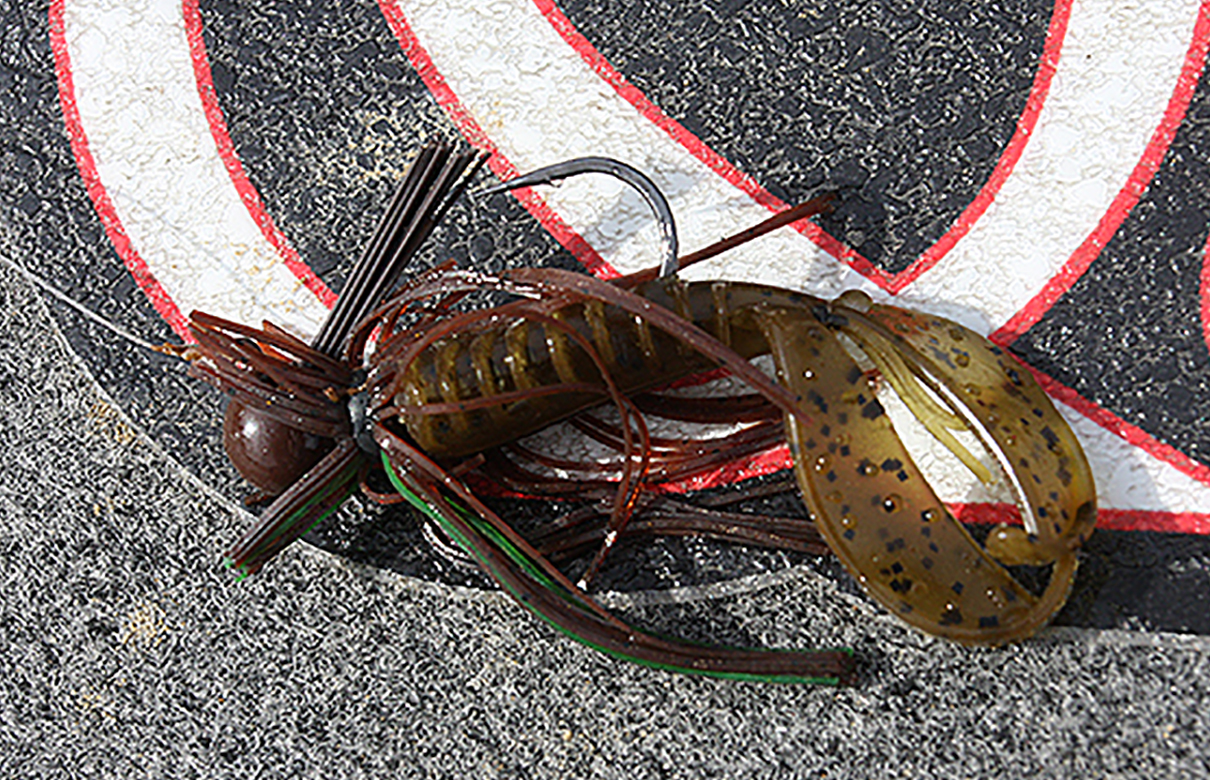 Gerald Swindle's favorite jig in most situations is a brown 3/8-ounce ball head jig tipped with a craw trailer in green-pumpkin. (Photo courtesy of BassFan)